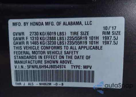 2018 Honda Odyssey Elite from USA, damaged, VIN 5FNRL6H94JB054974